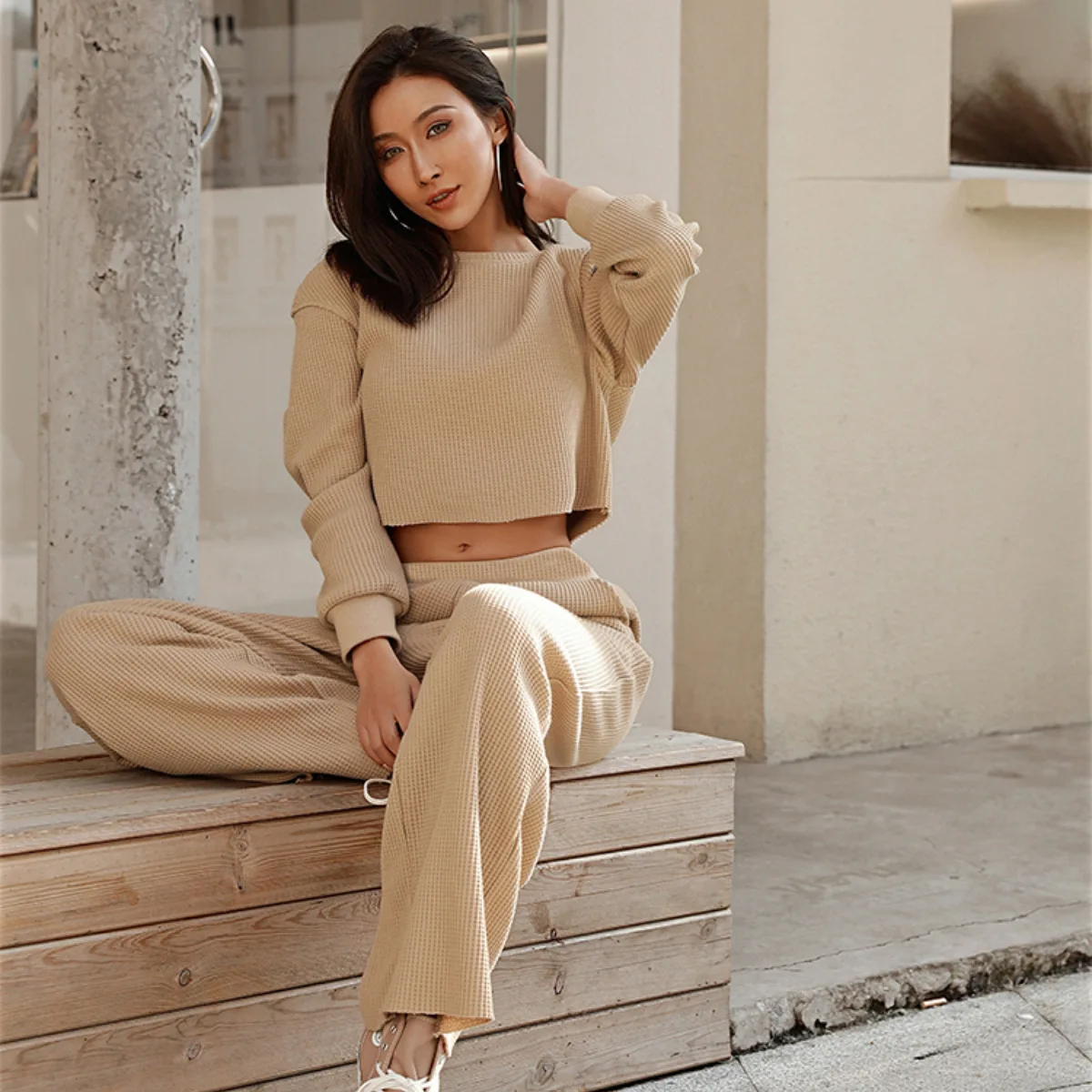 Two Piece Pant Sets Knit Short Sweatshirt Suit Full Sleeve Round Neck Pullover Straight Long Pants Casual Solid Thick Suits