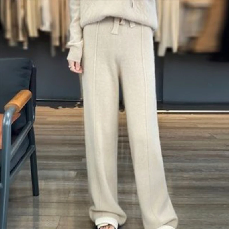 2024 Winter Classic Fashion Women Knitted Cashmere Wool Blend Wide Leg Pants Soft Warmth Plane High-quality Basic Loose Pants