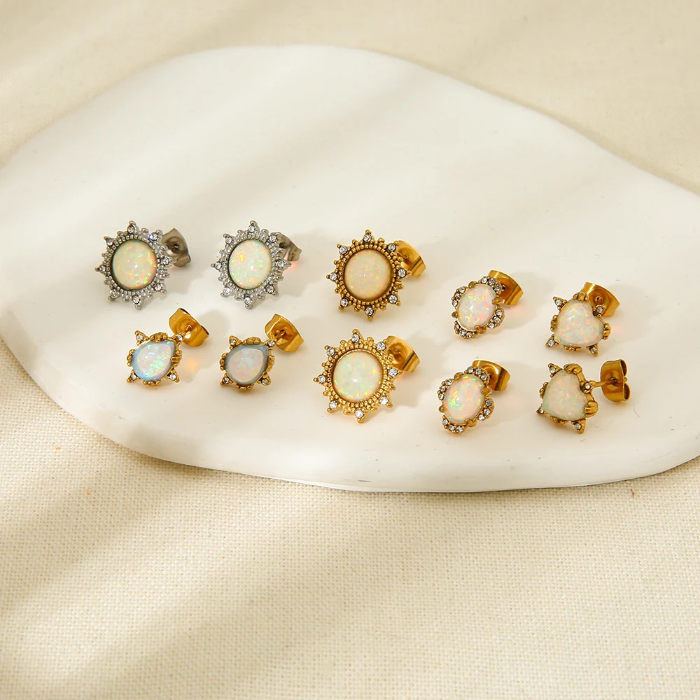 

Dainty Stainless Steel Earrings 18K Gold Plated Synthesis Opal Studs Open Rings for Women Girls Waterproof Jewelry Gift