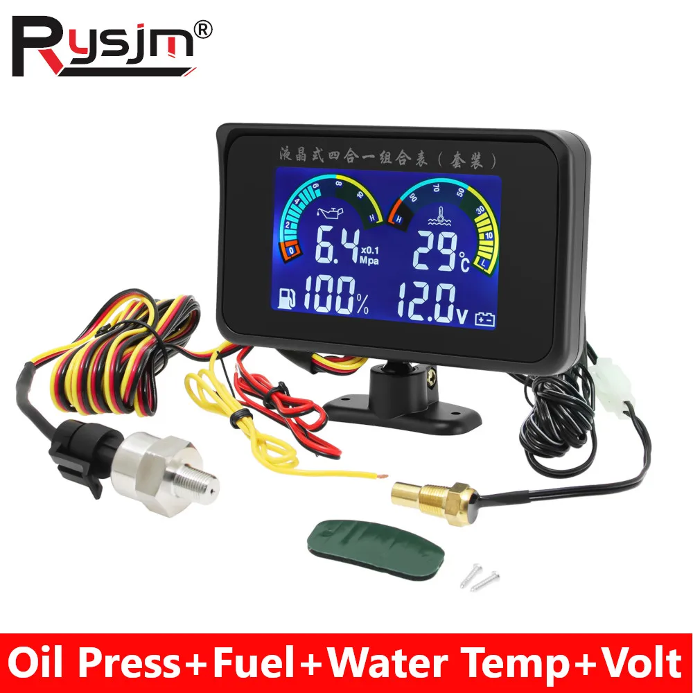 

Автомобильный ЖК-дисплей 4 в 1, манометр, вольтметр уровня топлива, измеритель температуры воды с датчиком 10 мм для автомобиля, грузовика 12 В/24 В
