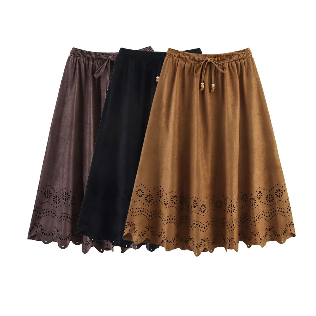 

2025 Autumn New Women's Midi Skirt Suede Carved Hole Flower Retro Hippie Holiday Boho Beach Skirt A-Line Female Jupe