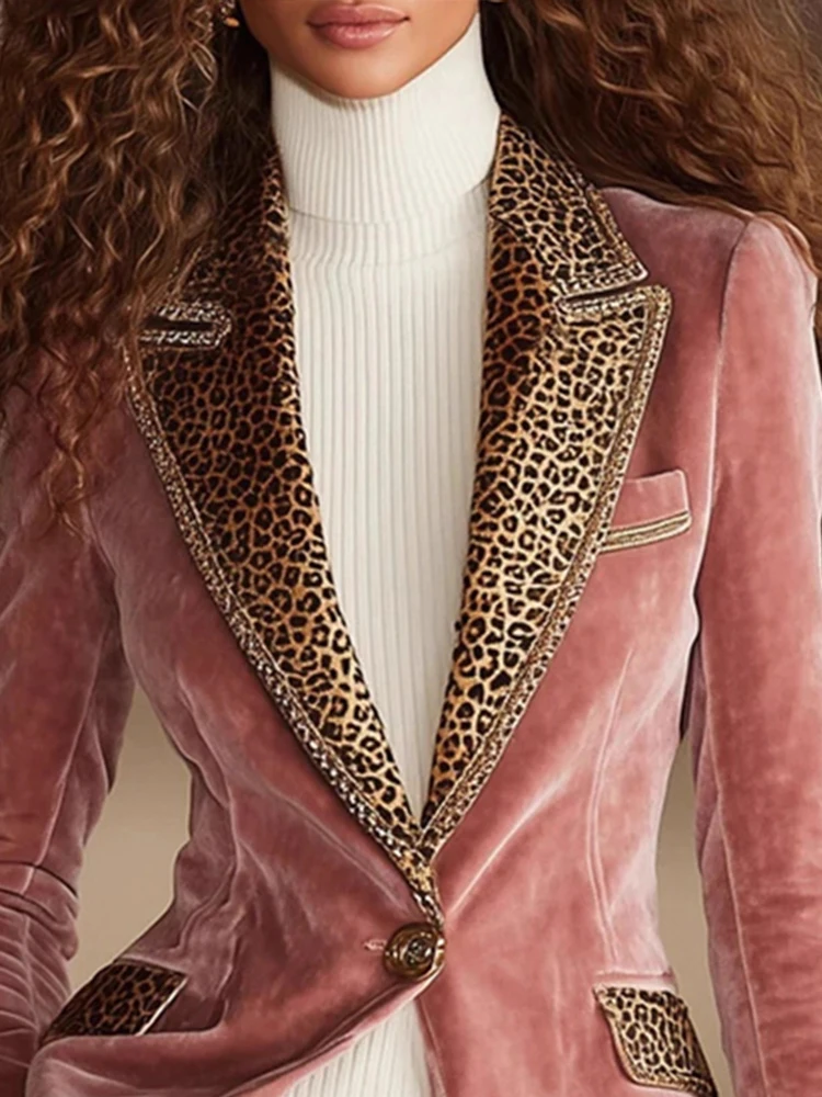 

Fashion Lapel Collar Button Blazer Outercoat Casual Long Sleeve Slim Commuting Coat Women Elegant Leopard Print Patchwork Jacket