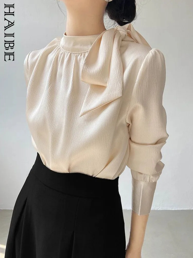 [HAIBE] 2025 Spring And Autumn Gentle Wind Apricot Bow Blouse Women's Lace-up Blouse Career Commute