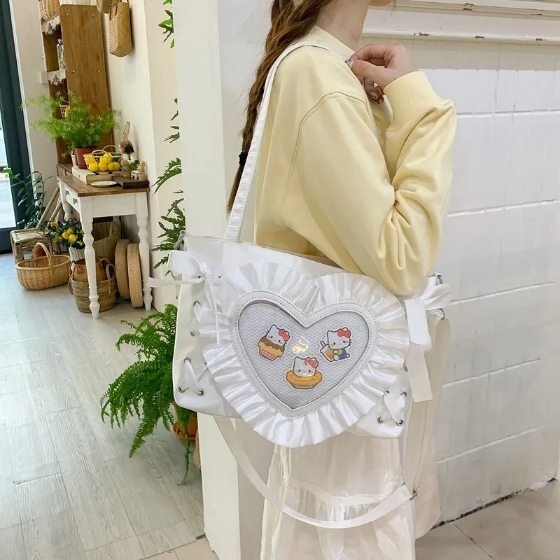 

Japanese Y2k Bow Love Transparent Ulzzang Hand Ita Bag Lotus Leaf Lace Girl Large Capacity Crossbody Shoulder Bag