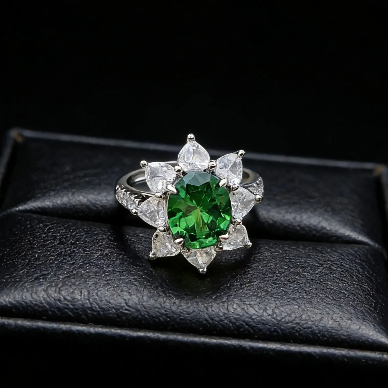 Fashion jewelry piece - realistic blue sapphire sunflower ring. High-end pigeon egg emerald ring for women.