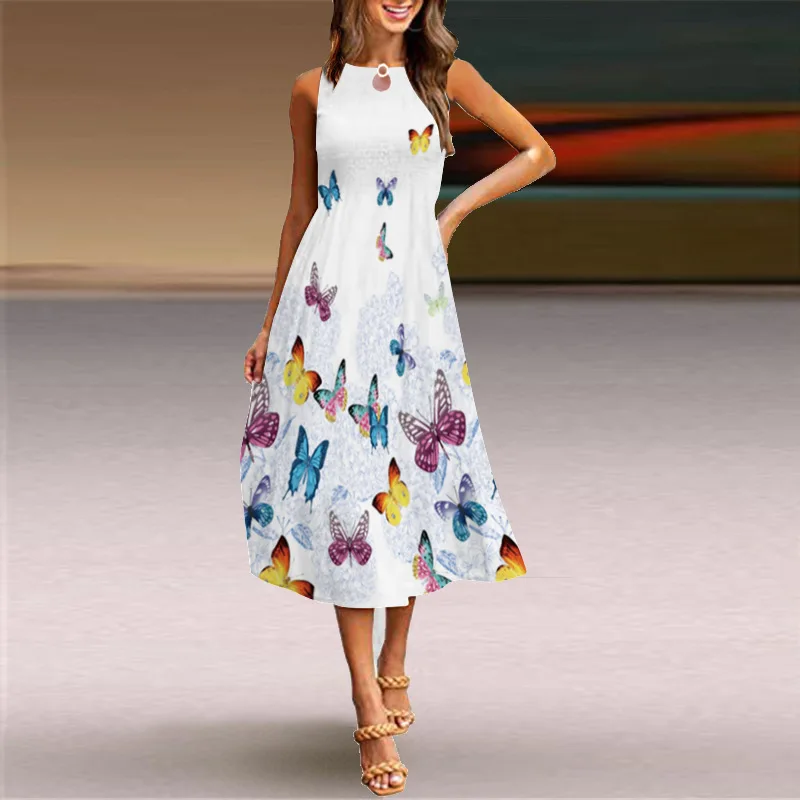 2022-Border European and American Sleeveless Dress Women's Casual Floral Print Swing Dress Bohemian Beach Long Skirt