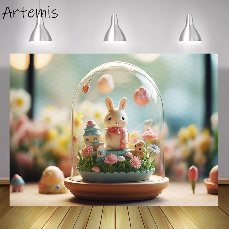 Easter Photography Backdrop Round Glass Toys Easter Decoration Easter Eggs Bunny Newborn Kids Birthday Portrait Photo Background