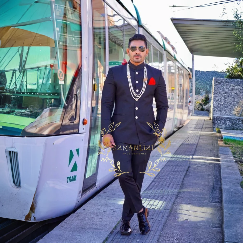 

Navy Blue Men's Suits 2 Piece Gold Buttons Slim Fit Casual Male Dress Blazer Daily Outfits Wedding Groom Terno Jacket+Pants Set