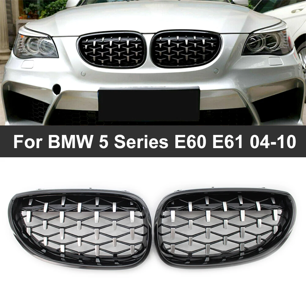 A Pair Car Racing Grill For BMW E60 E61 5 Series Diamond Front Kidney Grille Meteor Style Grill Chrome Auto Accessories New