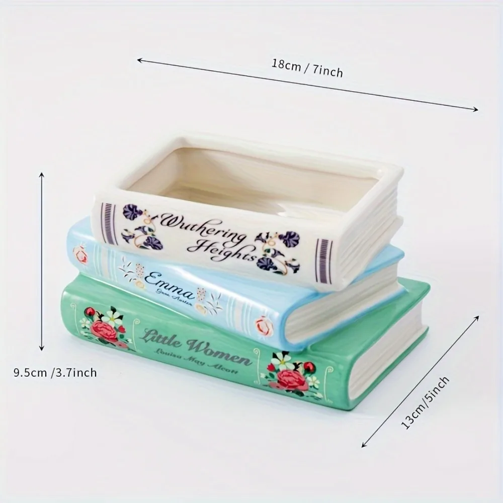 3 Tier Stacked Books Ceramic Vase Vintage Book Shaped Flower Pot Creative Unique Home Decor Planter for Bookshelf Living Room - view 5