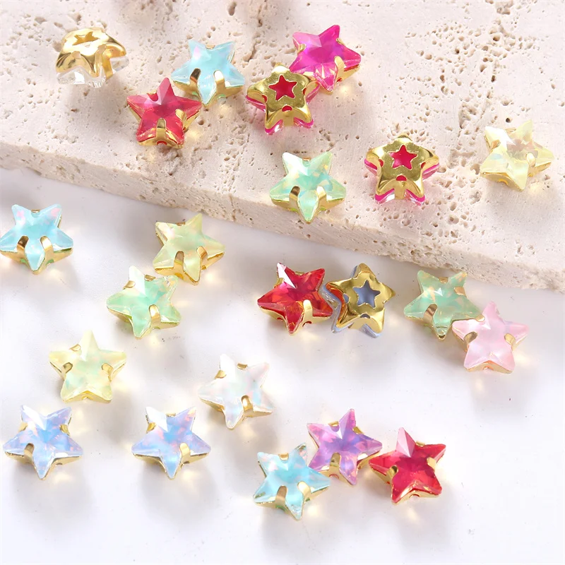 Sewing Glass bead Star shape diamond Sew on Rhinestones with Gold Base Flatback Crystals decorations for clothes diy