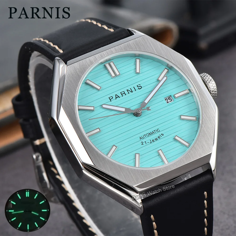 

Мужские наручные часы Parnis 43 мм с серебряным корпусом, механическим автоматическим механизмом, кожаным ремешком, календарем и сапфировым стеклом
