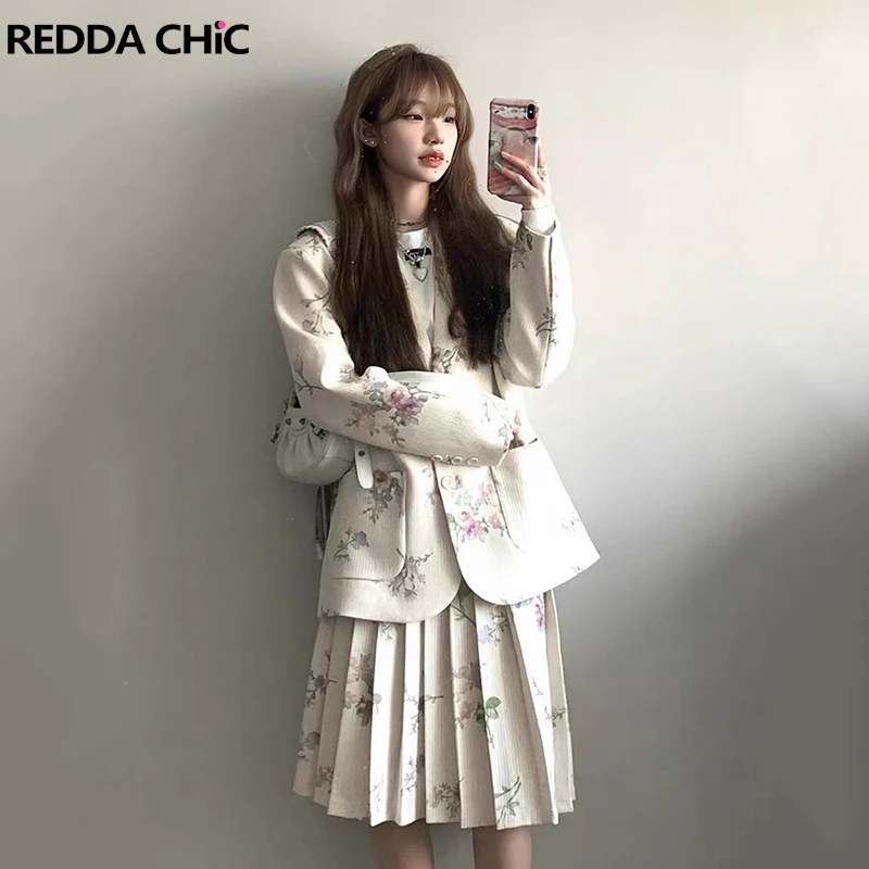 

ReddaChic элегантный пиджак с цветочным принтом, женский комплект, куртка на пуговицах, длинная плиссированная юбка трапециевидной формы до колена, винтажная рабочая повседневная одежда