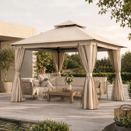 10'x10' Outdoor Gazebo, Heavy Duty Metal Patio Canopy Tent Shelter with Double Roof, Mosquito Netting & Privacy