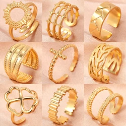 Stainless Steel Rings Vintage Elegant Lucky Clover Geometric Hollow Adjustable Opening Ring For Women Jewelry Wedding Gifts New