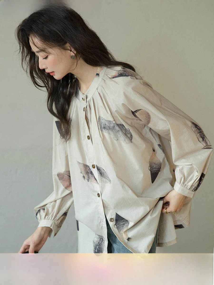 

Французская свободная хлопковая футболка с круглым вырезом и нежным принтом из лиоцелла для женщин, дышащая, летняя, пляжная, повседневная.