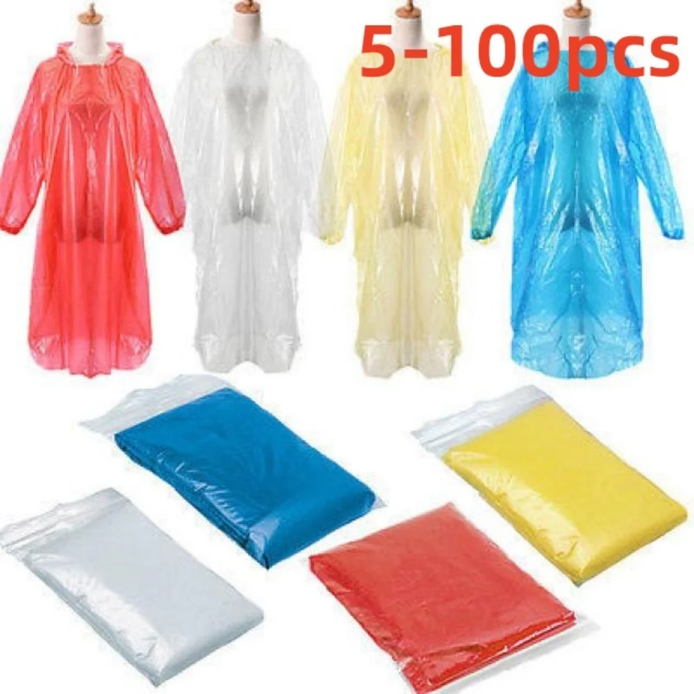 5-100 pcs Disposable Rain Ponchos Raincoat with Hood Adults Emergency Waterproof Raincoat for Camping Hiking Sport Outdoors