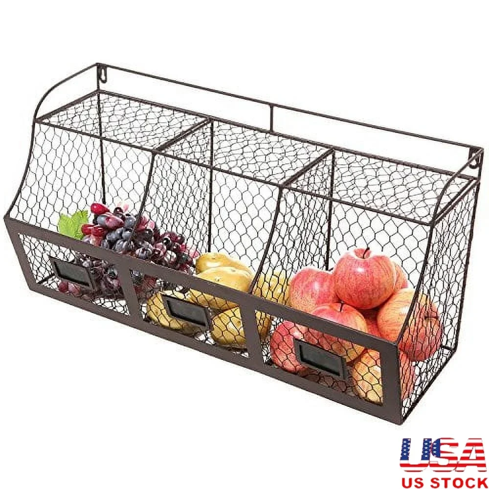 

3 Compartment Wall Mount Metal Storage Basket Hanging Wire Rack Heavy Duty with Chalkboard Labels Fruits Vegetables Kitchen