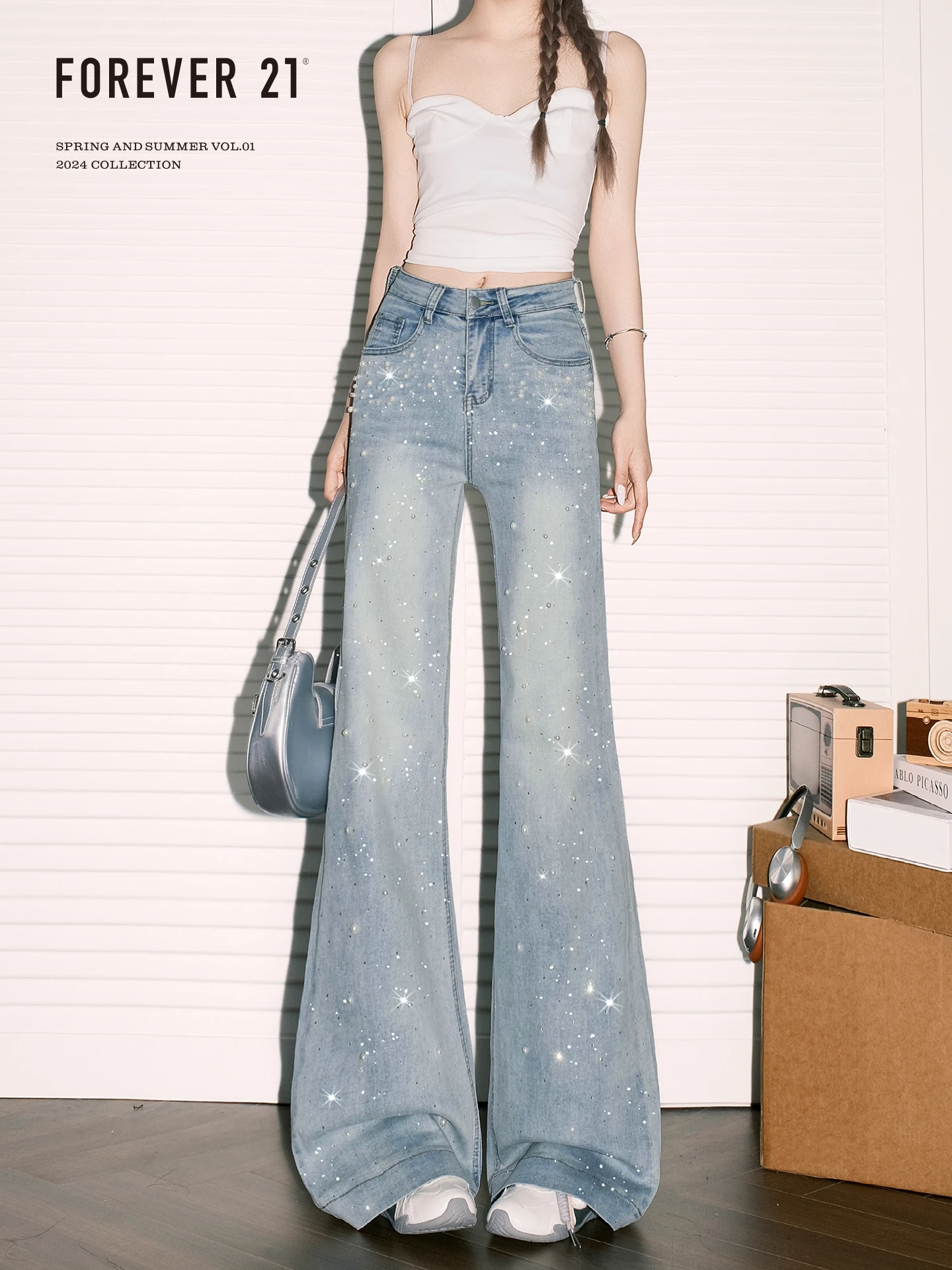 High Waist Wide Leg Denim Jeans Women's Design Sense Ironed Rhinestones Loose Fit Casual Bootcut Blue Jeans Forever 21