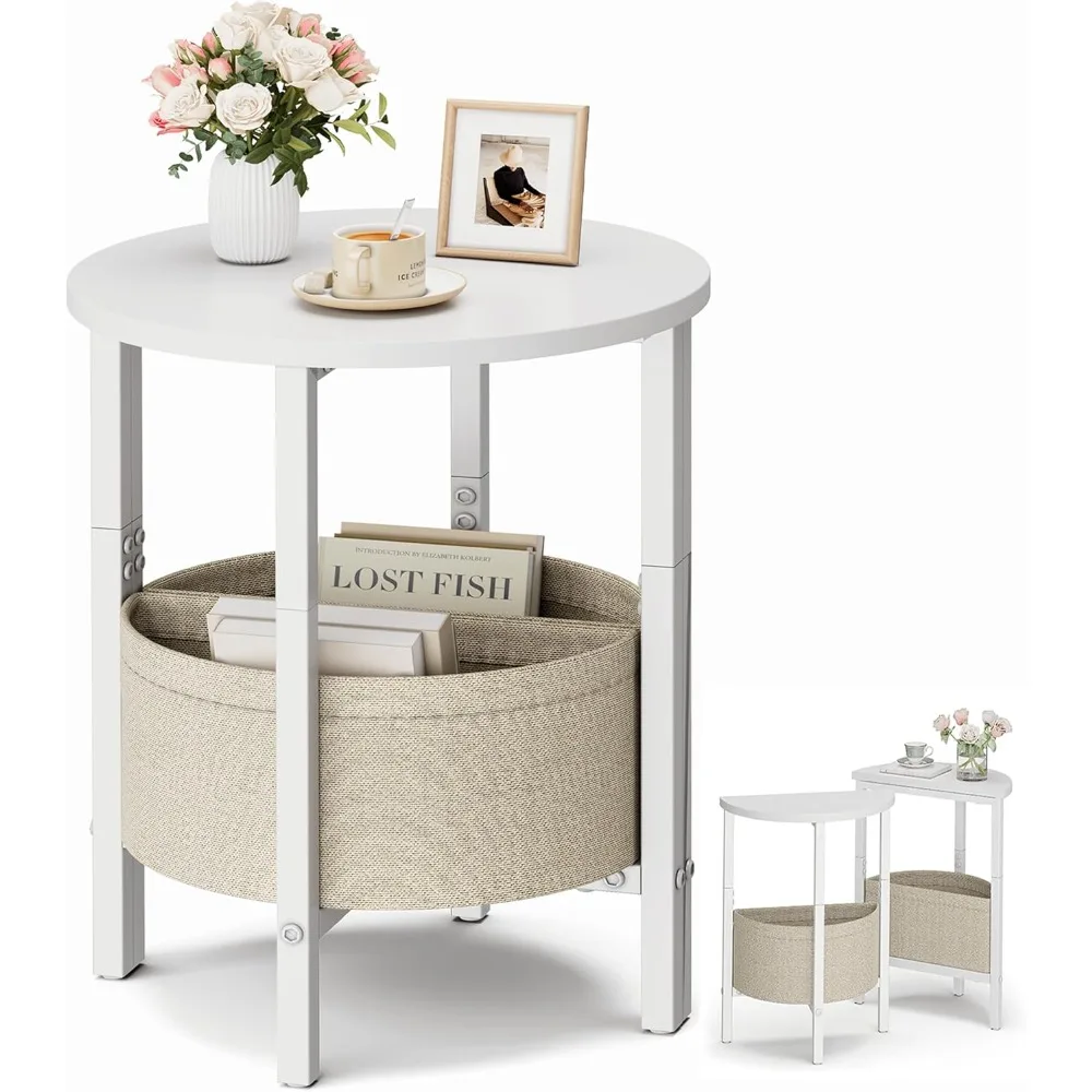 

Side Table, Small Round End Table with Fabric Basket, Set of 2 Half Round Side Table Half Moon Tables, Circle Accent Coffee Tab