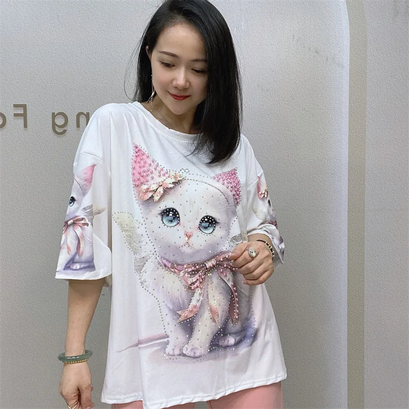 

2024 Fashion Printed T Shirts for Women Summer Clothes Casual Cartoon Pattern Hot Diamonds Beading Female Short Sleeve Tops Tee