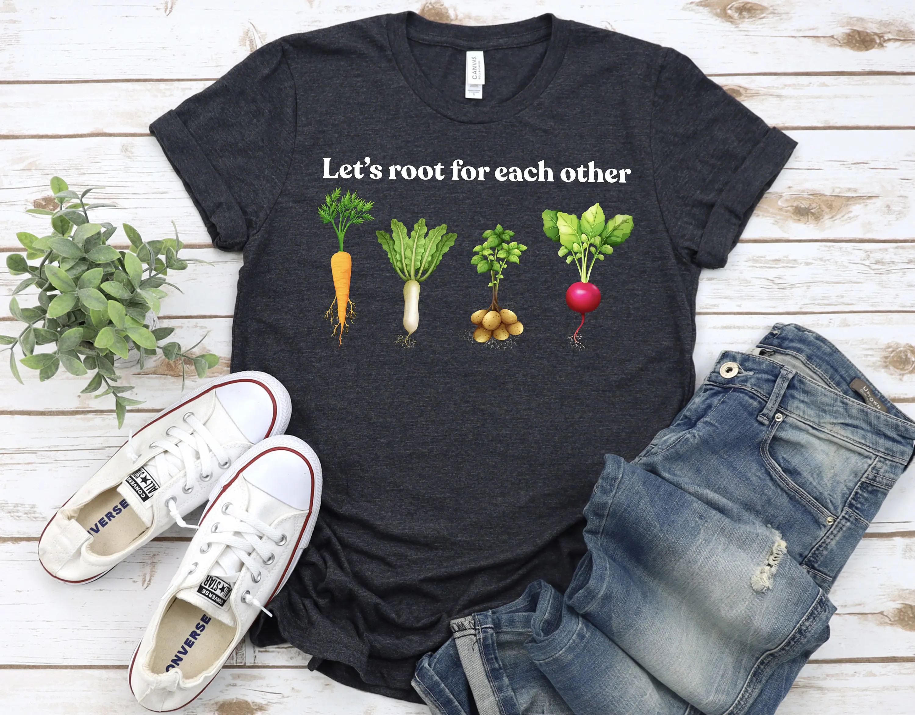 Lets Roots For Each Other Vegetable T Shirt Uplifting Spring Gardening Turnip Carrot Outfit Black