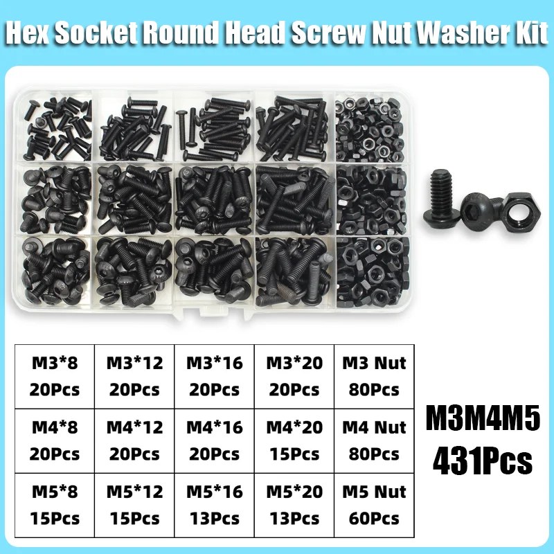 Komplettes 2510-teiliges M2 M2.5 M3 M4 M5 M6 Rundkopf-Innensechskantschrauben-Set 1840 10.9 Güteklasse Schwarze Innensechskant-Knopfkopfschrauben ISO7380 – Detail 10