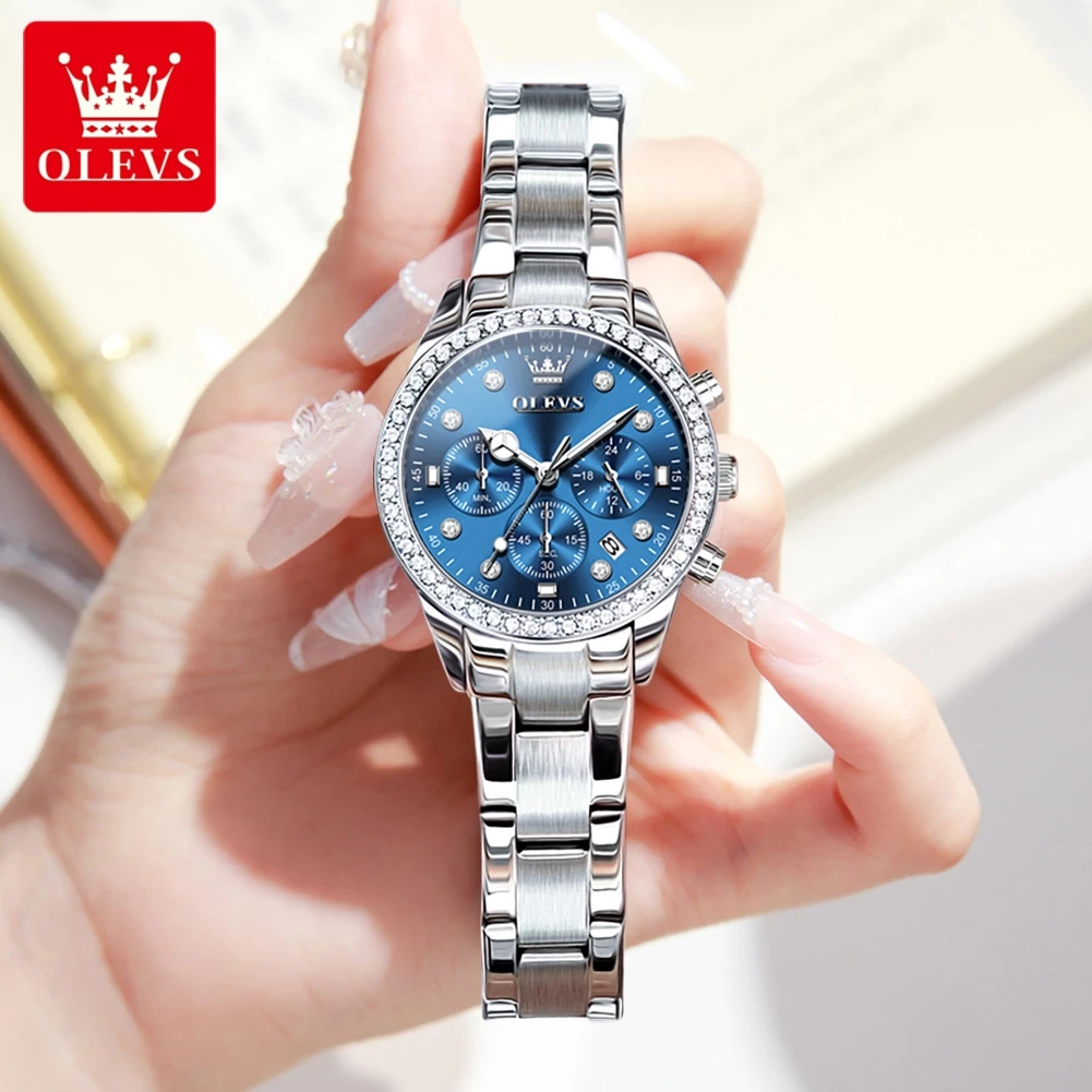 OLEVS 9909 Multifunctional Women\'s Watch Diamond Scale Chronograph Date Waterproof Luminous Stainless steel Watch for Ladies