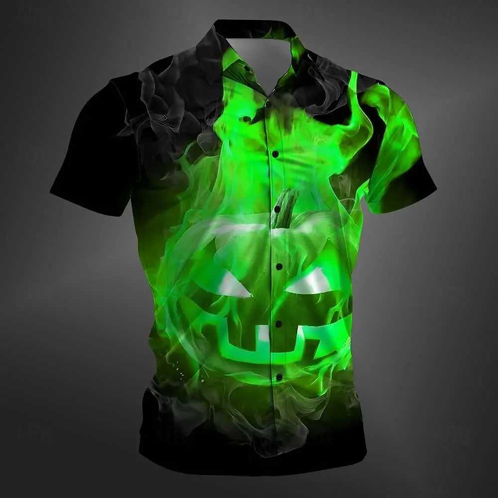 New Halloween Men's Shirt Pumpkin Head 3d Print Button Short Sleeve Shirt Casual Hawaiian Shirt Fashion Men's Halloween Costume