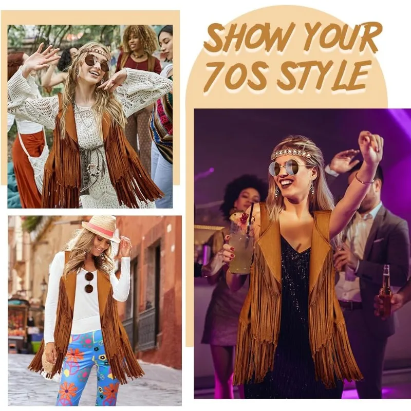 5 Pcs Hippie Costume Accessories for Women,Disco 70s Hippie Outfit Sleeveless Fringe Vest Bohemian Feather Earrings and Headband view 5