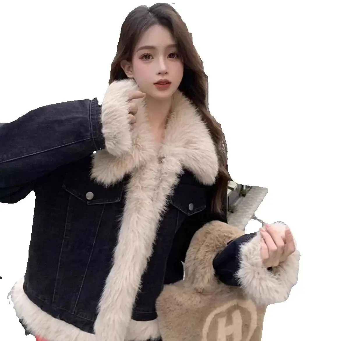 Korea Stitching Denim Cotton-Padded Jacket Coat Padded Plush Women'S Autumn Winter High-Grade Long-Sleeved Jacket