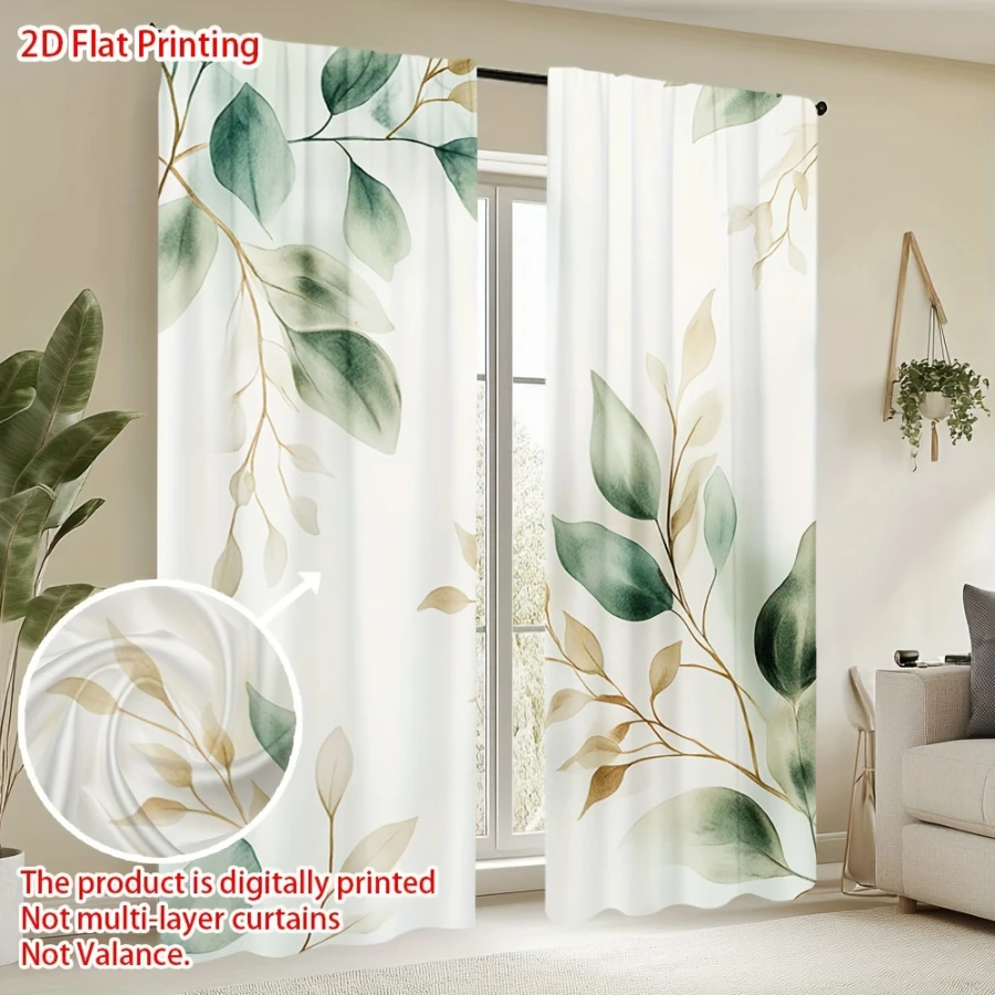2PCS Digital Print  Curtain, Minimalist Green Leaves, Rustic Farmhouse Window Treatment Drape for Bedroom Kitchen Decor
