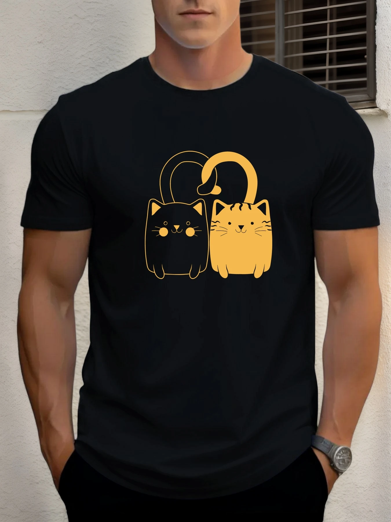

2025 Summer Men's Cotton T Shirt Double Cat Trendy Print Round Neck T-Shirt Casual Breathable Street Style Daily Top