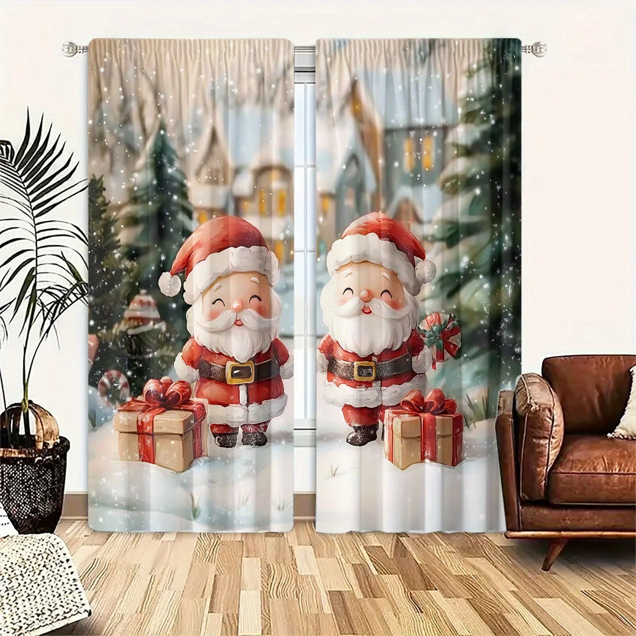 Cute Cartoon Santa Gift Box Curtains 2 Panels, Snowy Winter Village Pine Tree Snowflake Warm Christmas Kids Bedroom Curtain