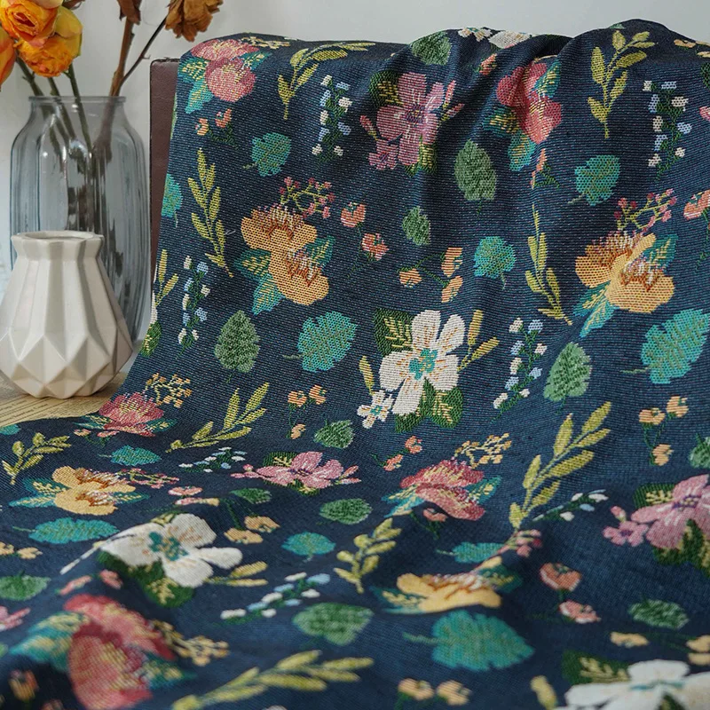 Dark Blue Flower Jacquard Fabric for Autumn Winter Thick Coats Retro Coarse Woven Luggage Crisp Fashion Clothing Textile Fabric