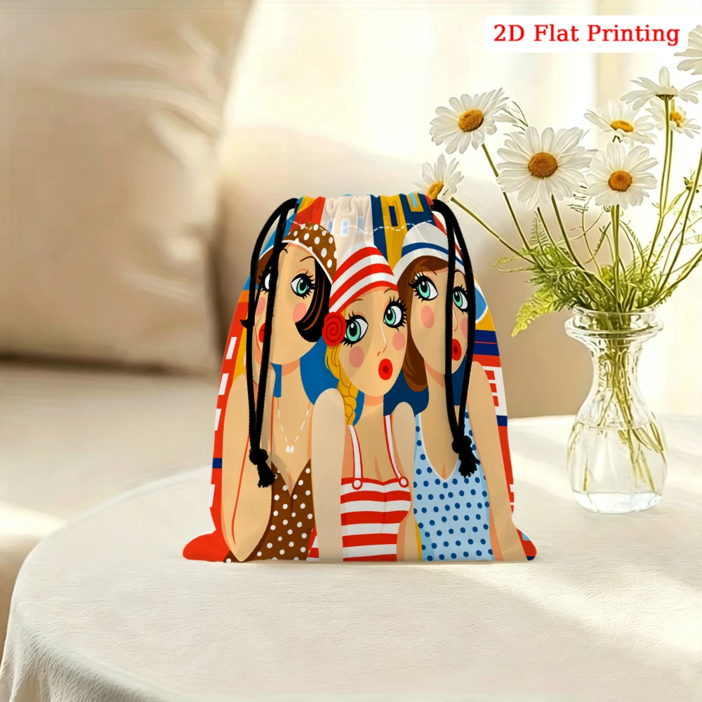 1pc Fashion Cartoon Girls Drawstring Bag Multicolor 2d Flat Printing Storage Small Pouch Travel Cosmetics Organizer For Women Po
