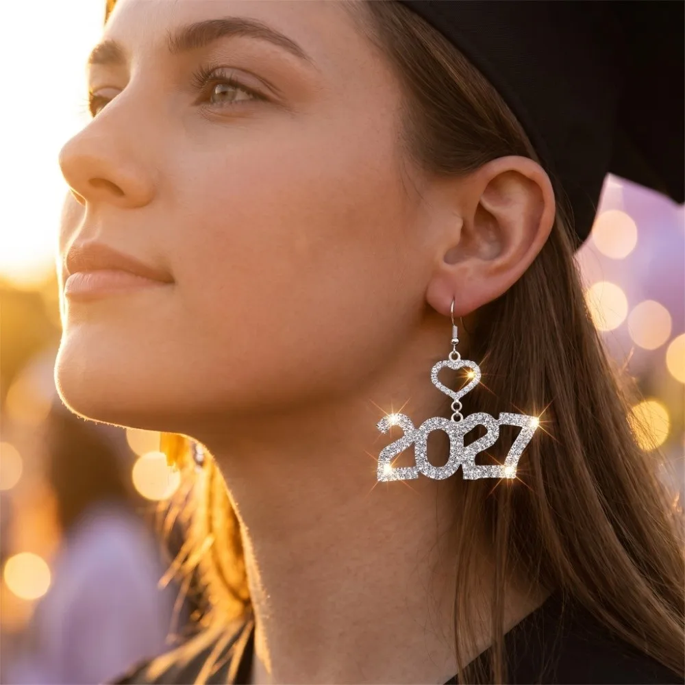 Elegant 2027 Digital Earrings Long Drop Hollowed-out Fashion Happy New Year Earrings Rhinestone Heart-Shaped