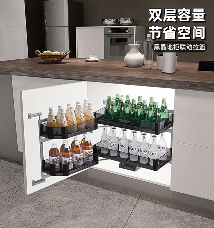 Open door type black crystal bottom cabinet connected pull basket aluminum alloy kitchen cabinet storage built-in storage rack