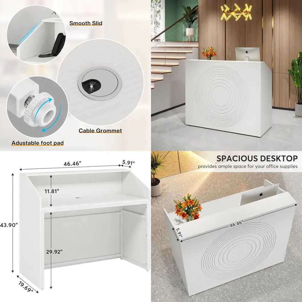 

47-inch White Reception Desk with Cable Management and Counter for Retail, Lobby, and Office Use