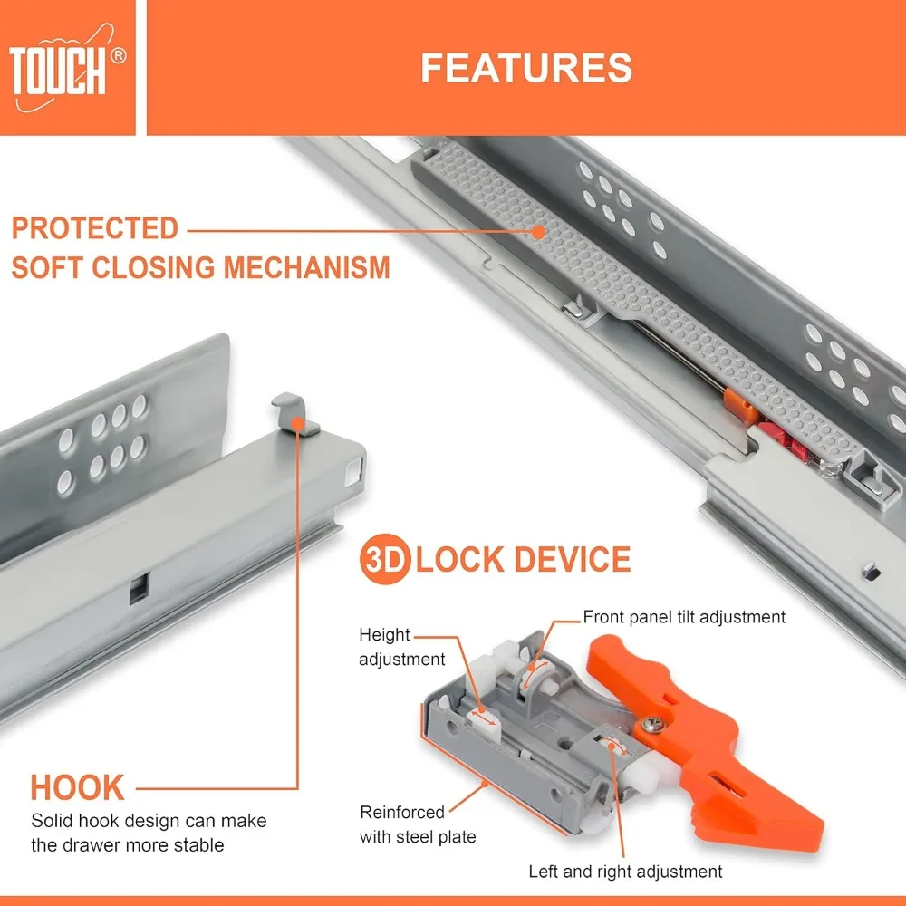 شرائح أدراج ناعمة مغلقة تحت التركيب، عداء مخفي 3/4 بوصة لأدراج مقاس 15 بوصة، 5 أزواج، طول 381 مم، انزلاقات ذاتية الإغلاق #3