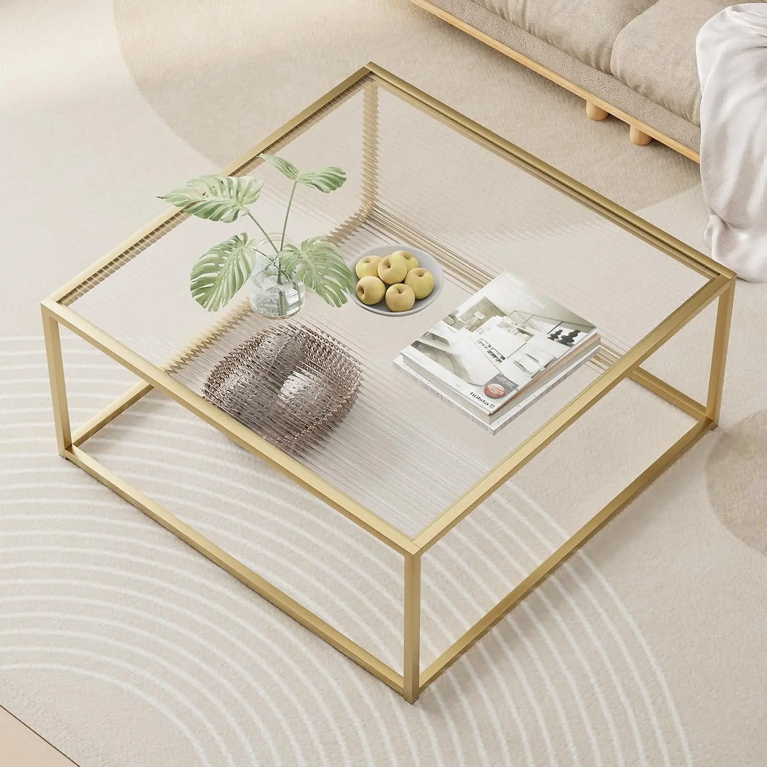 

Modern Glass Coffee Table with Sturdy Metal Frame, Minimalist Design for Living Room, Easy Assembly, Gold Finish