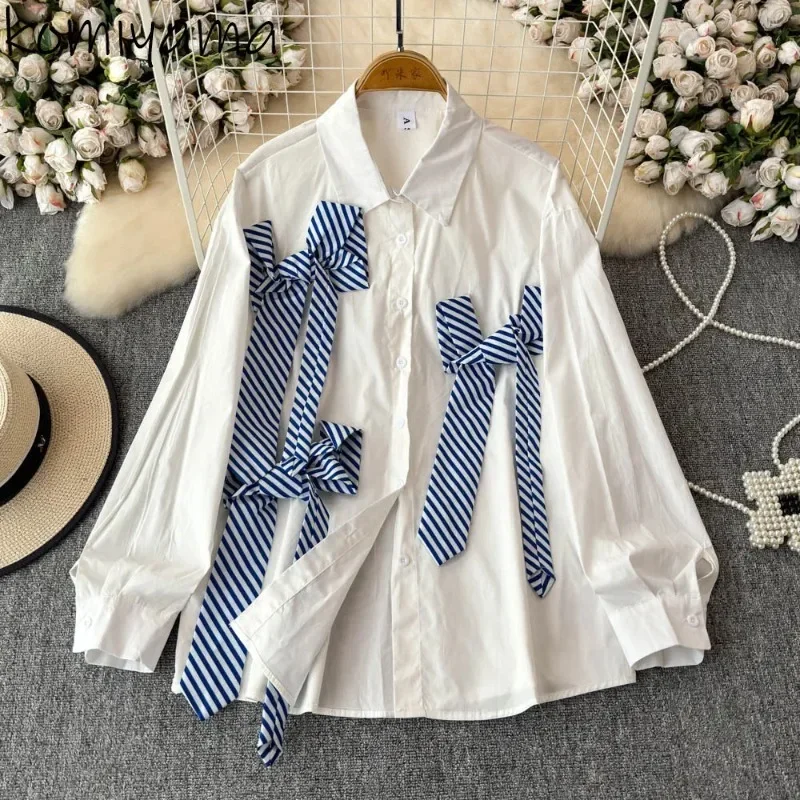 

Contrast Striped Bow Blusas Mujer Woman 2025 Shirts Blouses Lapel Long Sleeve Camisas Spring Women Clothing New Ropa