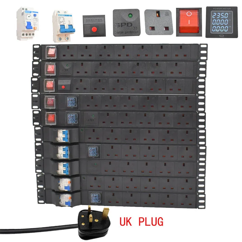 

19" Rack Mount INCH PDU Power Distribution Unit 5/6/7ways Rackmount for cabinet 2M UK 3PIN plug ammeter Short circuit switch