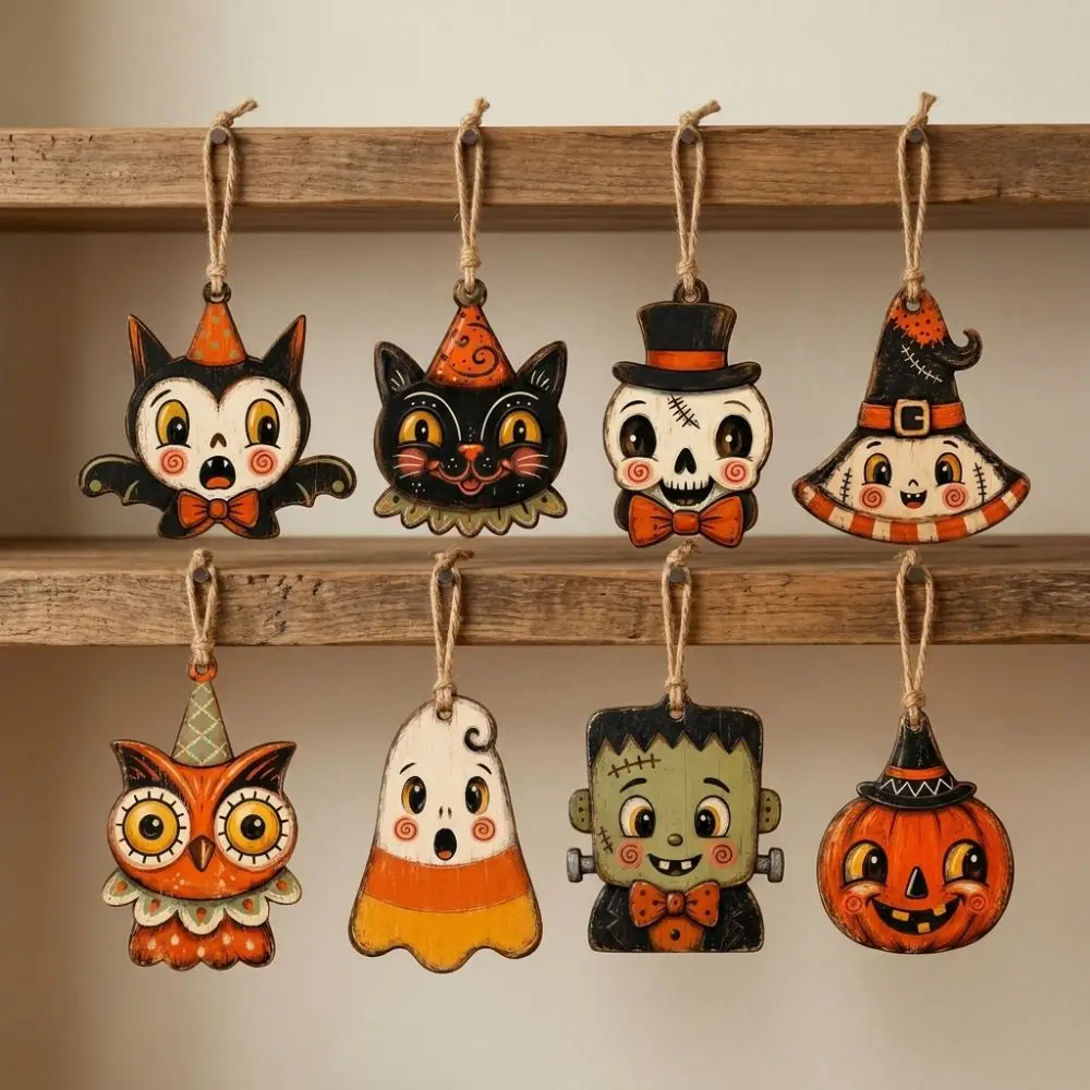 Vintage Style Halloween Pumpkin Ghost Pendant Trick or Treat Distressed Painted Wooden Black Cat Ornament with Rope Rustic