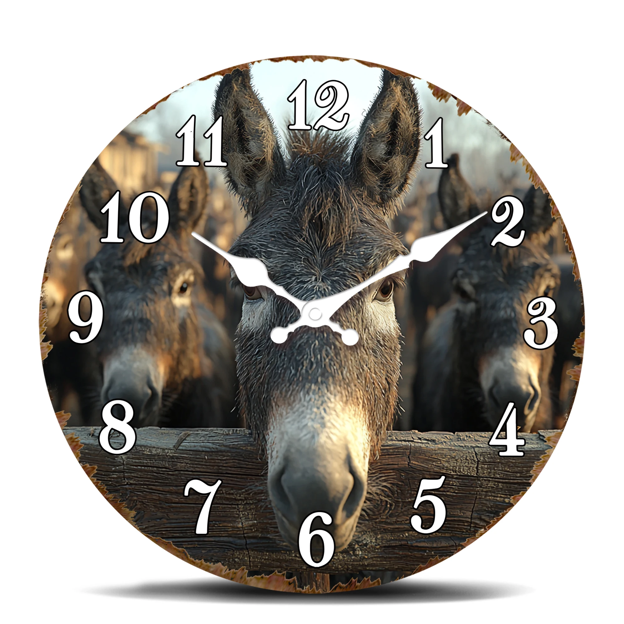 Donkeys Behind Wood Fence Wall Clock - Farm Animal Herd Decor, Rustic Country Living Room Garden Art Clock