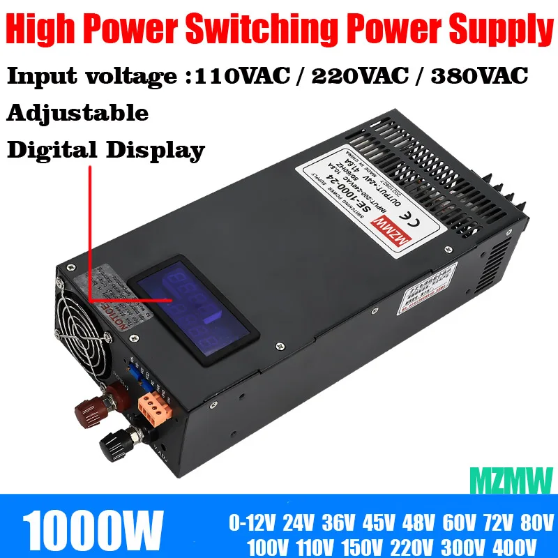 1000W Switching Power Supply 0-12V 15V 24V 36V 48V 60V 80V 110V 220V 300V AC/DC 110/220/380VAC Digital Display Adjustable SMPS