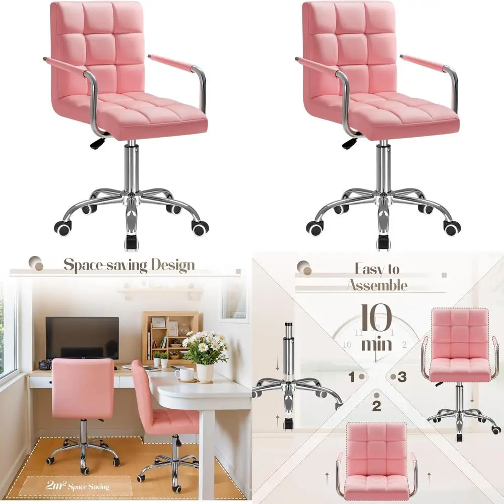 

Pink PU Leather Swivel Chair with Wheels, Adjustable Executive Desk Chair for Home Office, Comfortable Makeup Chair with Arms