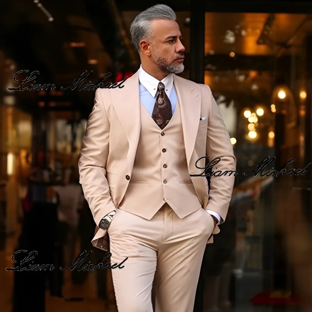 Beige Men\'s Formal Suit 3-piece Business Office Work Clothes Slim Fit Design Jacket Pants Vest Wedding Groom Tuxedo