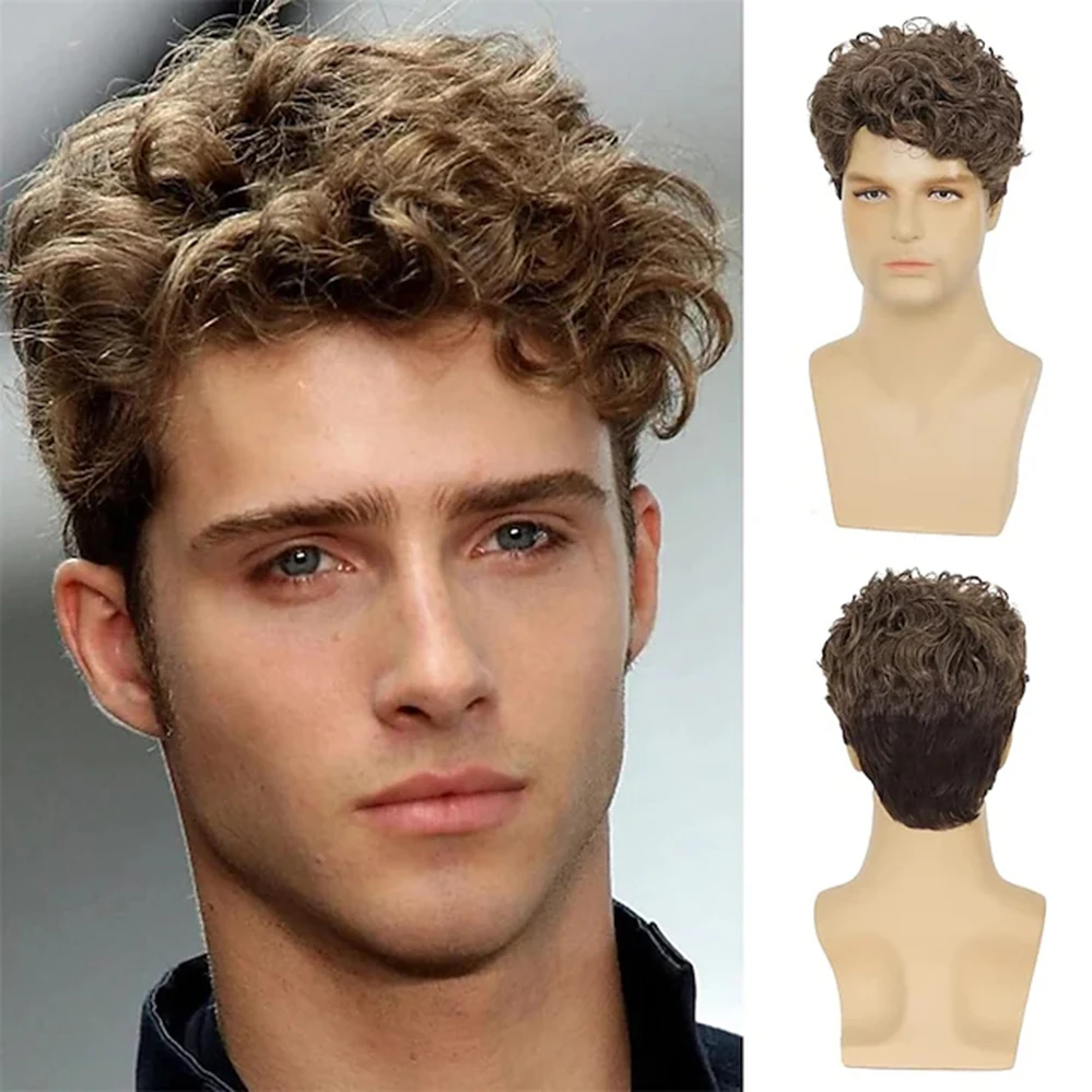 

Short Brown Curly Wig Costume Halloween Wig Natural Synthetic Hair Replacement Mens Wig