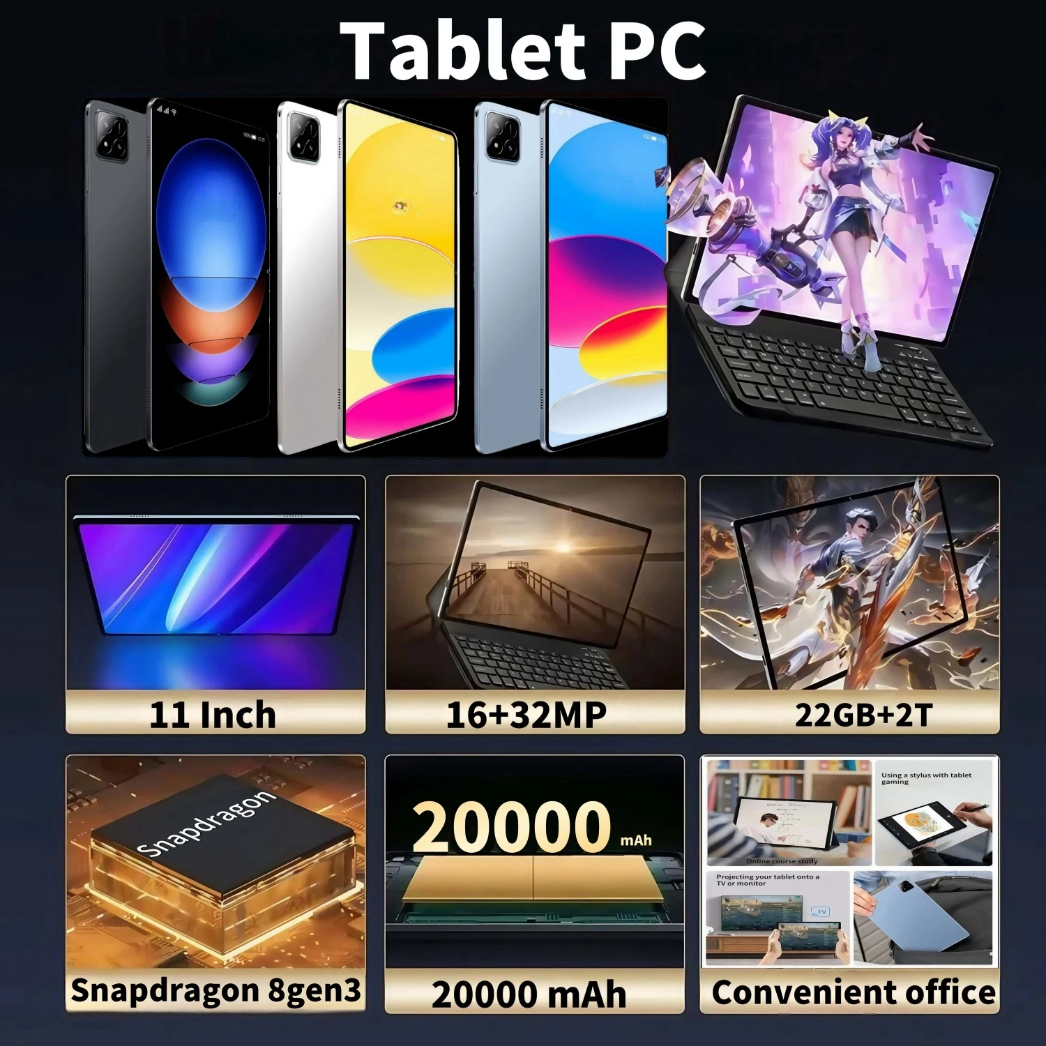 2025 النسخة العالمية الأصلية PAD 7S Ultra Snapdragon 8GEN3 Android 15 Tablet 11 بوصة HD 2 GB + 2 TB 20000 mAh 5G Dual SIM Wifi Tables PC